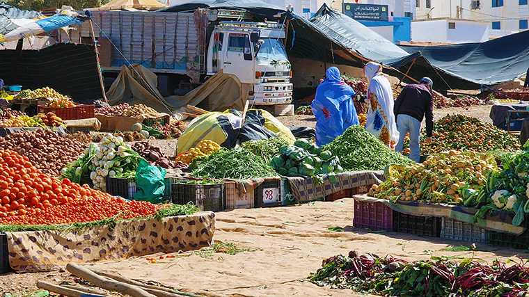 Groenten in overvloed op de zondagse weekmarkt in Sidi Ifni.