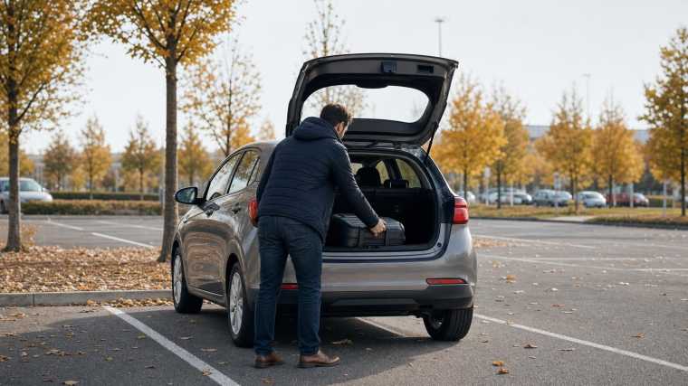 Huurauto staat klaar op een parkeerplaats terwijl reizigers aan hun herfstvakantie beginnen