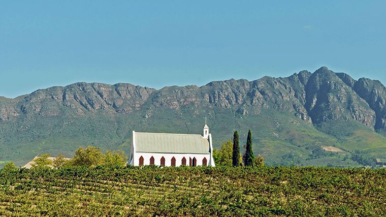 Het kerkje bij de wijnboerderij Montpellier in Tulbagh, Zuid-Afrika.