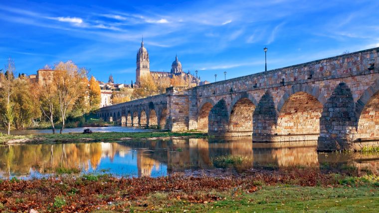 De Romeinse brug met op de achtergrond de kathedraal van Salamanca.