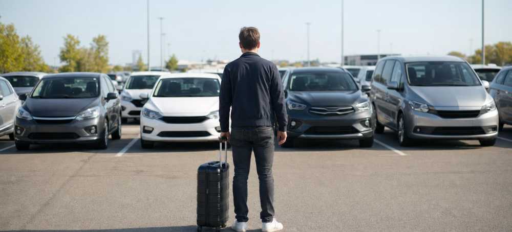 Reiziger bekijkt verschillende huurauto's op een parkeerterrein bij een luchthaven
