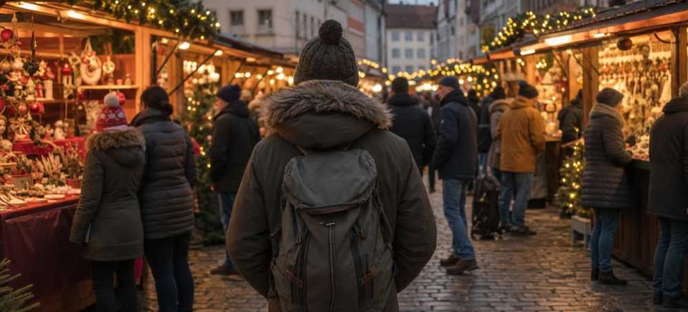 Bezoekers lopen tussen verlichte houten kraampjes op een Duitse kerstmarkt in de vroege avond